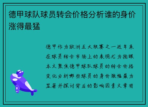 德甲球队球员转会价格分析谁的身价涨得最猛